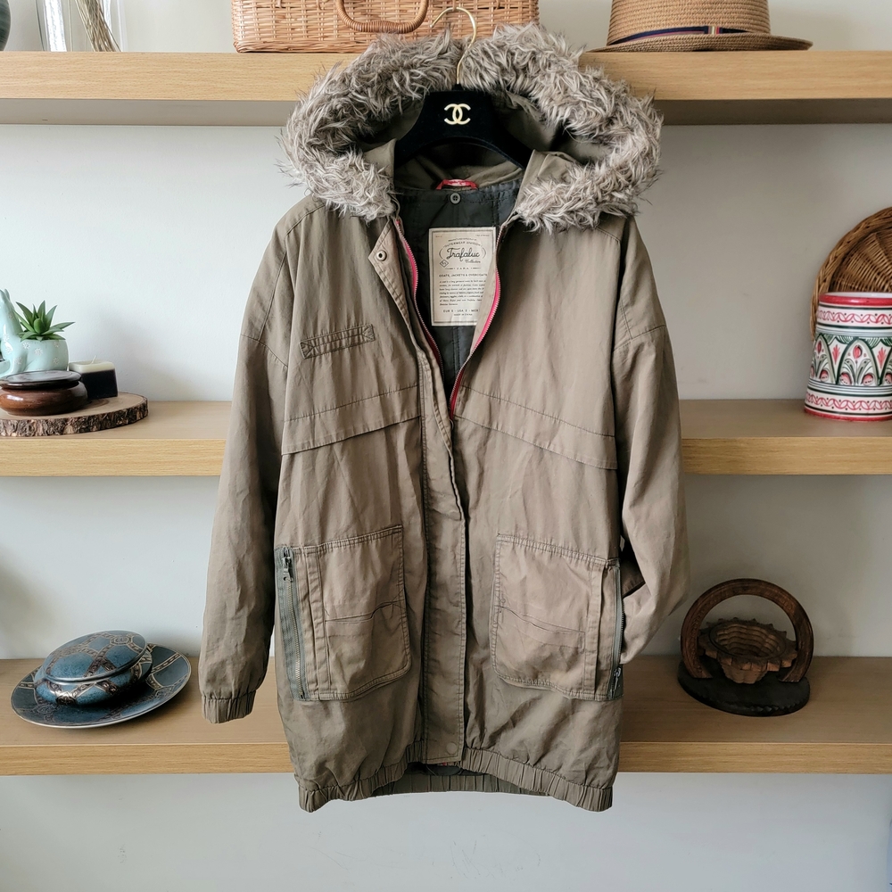 Zara Green Parka with Faux Fur Hood Coat